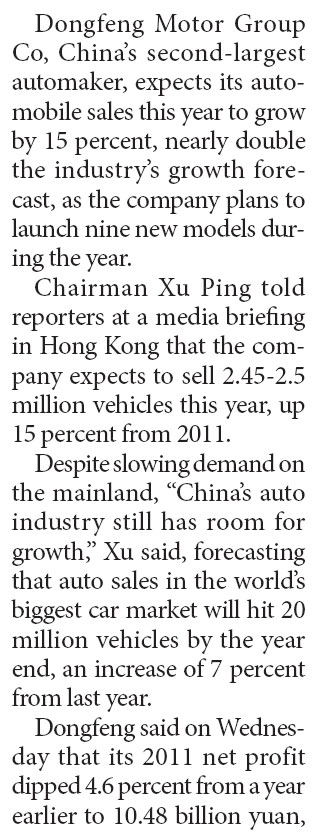 Dongfeng says sales growth to double forecast