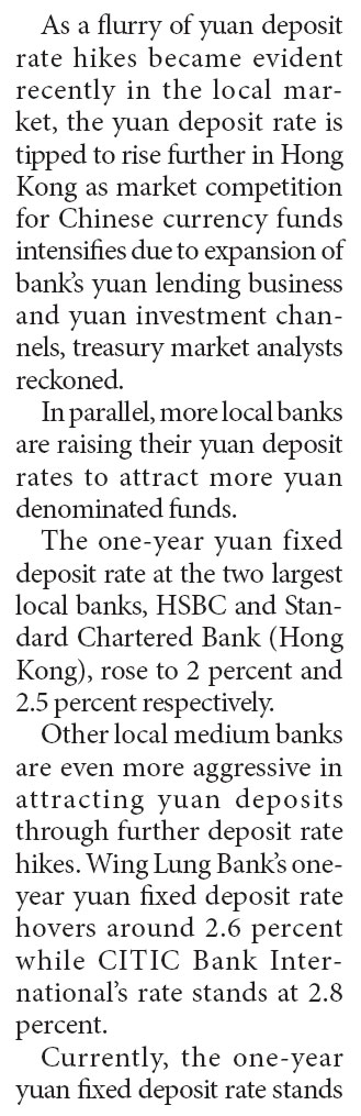 Yuan deposit rate in HK is tipped to rise further