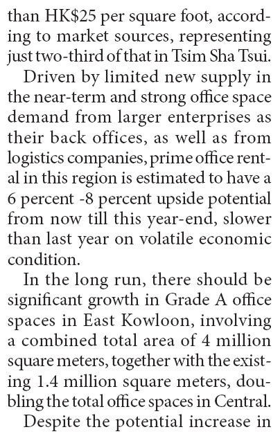 Solid growth for prime office rents in Kowloon East