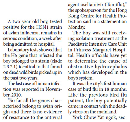 Bird flu victim still in isolation