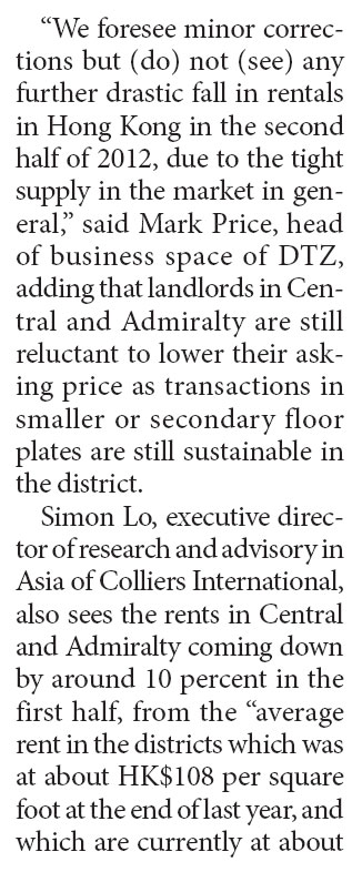 HK prime area office rent may fall 10% more in H2