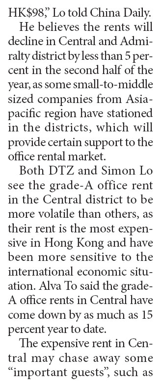 HK prime area office rent may fall 10% more in H2