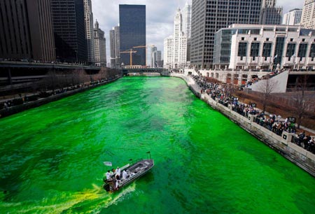 Workers dye the Chicago River green as part of the city's annual St. Patrick's day celebrations in Chicago March 11, 2006.