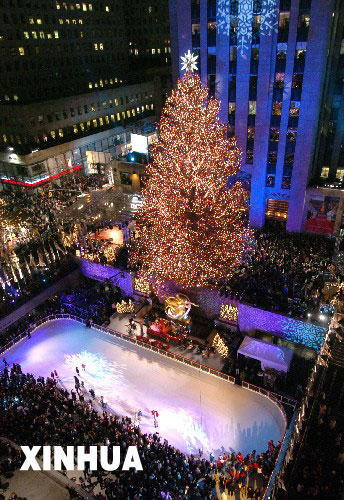 美国纽约节日气氛浓：圣诞树顶装水晶星