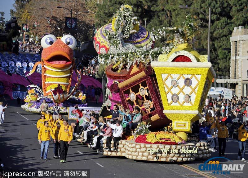 美国加州玫瑰花车游行迎马年 中国元素花车获奖