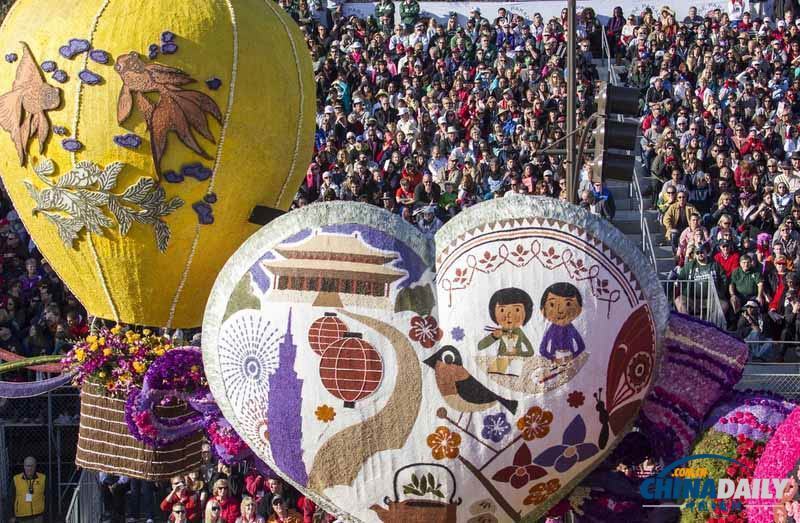 美国加州玫瑰花车游行迎马年 中国元素花车获奖