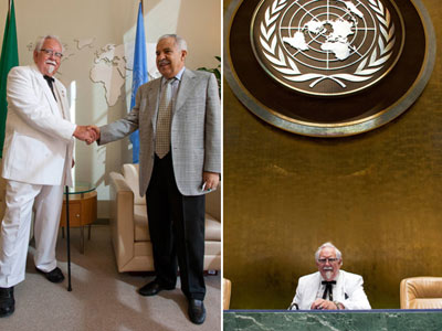 美男子扮成肯德基爷爷混进UN总部 与联大主席握手