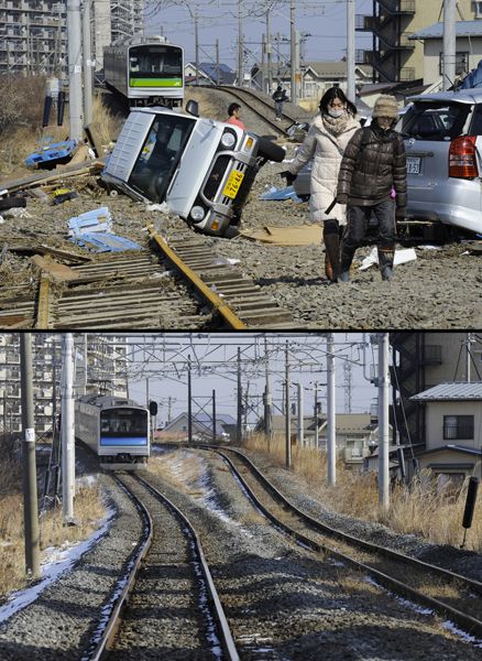 日本地震海啸一年后恢复对比图