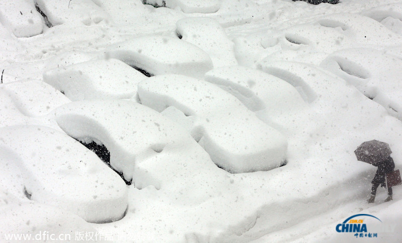 韩国暴雪持续5日 汽车被埋红绿灯遭积雪覆盖