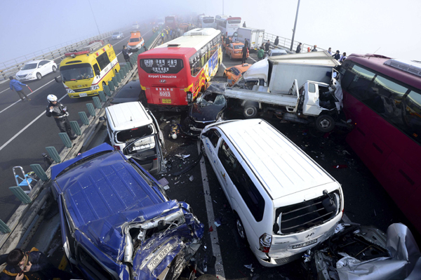 Car pileup on bridge leaves 2 dead, 65 hurt