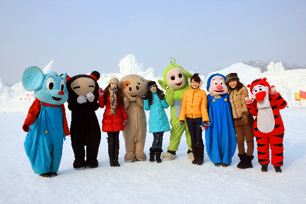 Tourists enjoy snow and ice