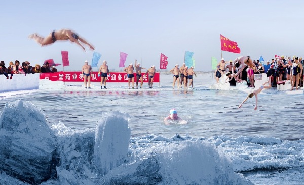 Tourists enjoy snow and ice