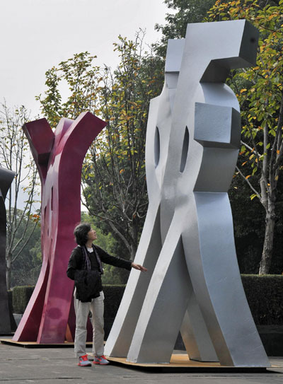 Calligraphy sculptures set up at West Lake