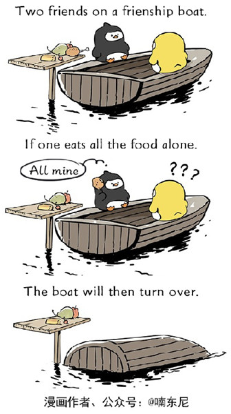 Penguin friends rock the boat in viral comics
