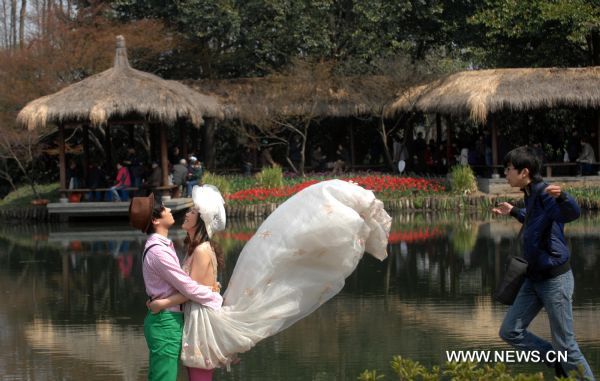 Tulip blossom attracts newly-weds to take photos in Hangzhou