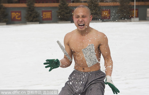 Buddhist monks break bricks in kung fu