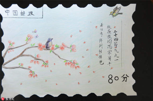 Student paints spring scenes on stamps