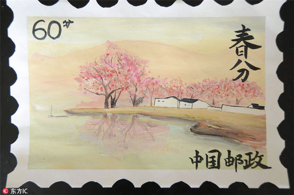 Student paints spring scenes on stamps