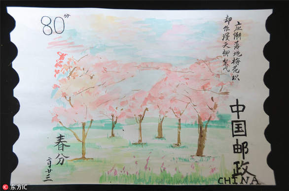 Student paints spring scenes on stamps