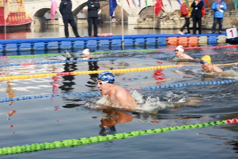 Intl winter swimming festival held in Taierzhuang ancient town