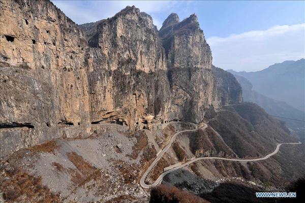 General view of road built on cliff of Taihang Mountains in N China