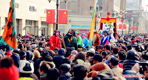 People parade to greet Chinese Lunar New Year in Tianjin