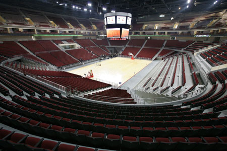 A overview is seen of the interior of the Beijing Olympic Basketball Gymnasium at Wukesong Culture and Sports Center in Beijing February 19, 2008. The gymnasium, which has a seating capacity for 18,000 people, will host basketball competitions during the 2008 Beijing Olympics in August. [Agencies]