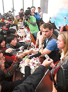 British director Daryl Goodrich at the Vision Beijing news conference in Beijing February 23, 2008. The event showcases five short films by five world famous film directors namely Goodrich, Giuseppe Tornatore of Italy, Majid Majidi of Iran, Patrice Leconte of France and Andrew Lau Wai-Keung of Hong Kong. The short films are about Beijing and its people's preparations for the 2008 Olympic Games. [China Daily]