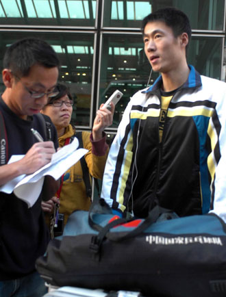 China's table tennis veteran Wang Liqin answers questions raised by journalists as he arrives in Hong Kong, March 3, 2008. Wang will represent China in the Asian qualifiers for an Olympic berth. Four places in the host's team for the Games have already been taken by Ma Lin, Wang Hao, Zhang Yining and Guo Yue, leaving two spots up for grabs at the Asian Olympic qualifiers, which start on Thursday. [Xinhua]