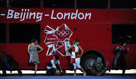 Photo taken on Aug. 24, 2008 shows the eight-minute performance prepared by London, host city of the next summer Olympic Games in 2012, in the National Stadium, or the Bird's Nest, Beijing, capital of China. 