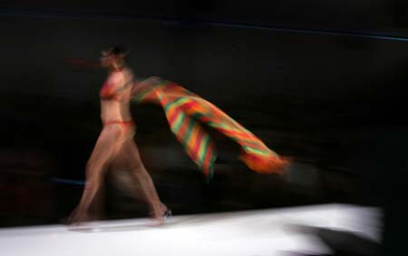 A model wears swimwear by Gideon Oberson during the Swim Shows Miami, in Miami Beach, Florida, July 17, 2006. 