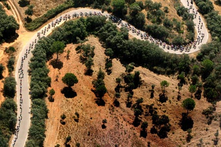 A pack of riders cycle during the third stage of the Tour of Spain cycling race between Cordoba and Almendralejo August 28, 2006. 