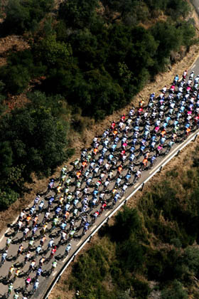 A pack of riders cycle during the third stage of the Tour of Spain cycling race between Cordoba and Almendralejo August 28, 2006.