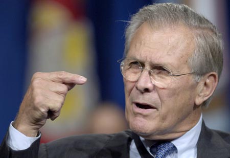 U.S. Secretary of Defense Donald Rumsfeld answers questions at a town hall meeting at the Pentagon in Arlington, Virginia, September 22, 2006. 