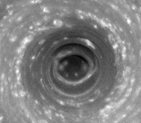 This undated photograph, released by NASA November 9, 2006, shows a hurricane-like storm at Saturn's south pole. The colossal storm, with a well-developed eye, marks the first time a truly hurricane-like storm has been detected on a planet other than Earth, the images showed on Thursday.