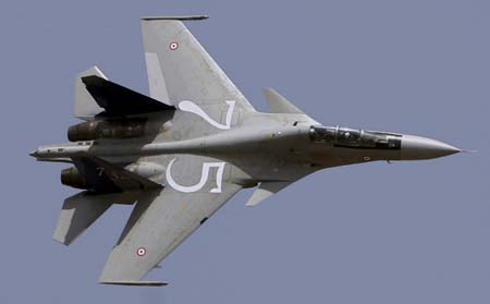 A Russian-made Indian air force's Sukhoi-30 aircraft flies during the 