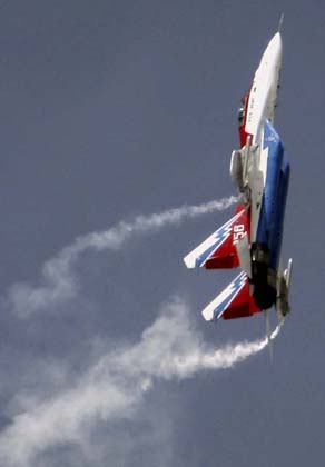 A Russian MIG-29 aircraft flies during the 