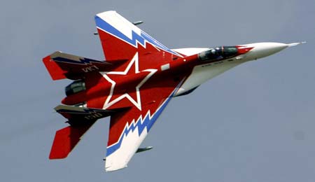 A Russian MIG-29 aircraft flies during the 