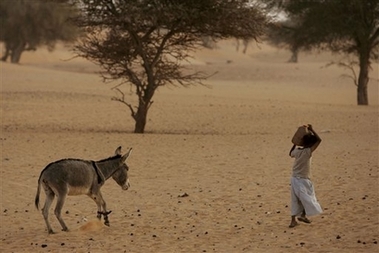 A Nomad girl carries water that she collected for her community from a well in the desert, using a small water pump on the outskirts of the town of Chinguetti, Mauritania, Tuesday, March 13, 2007. 'Coping with Water Scarcity' is the theme for World Water Day 2007, which is celebrated each year on March 22. (AP Photo/Schalk van Zuydam) 