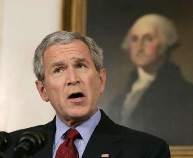 U.S. President George W. Bush makes a statement about the fatal shooting at Virginia Tech University while in the Diplomatic Reception Room at the White House in Washington April 16, 2007.