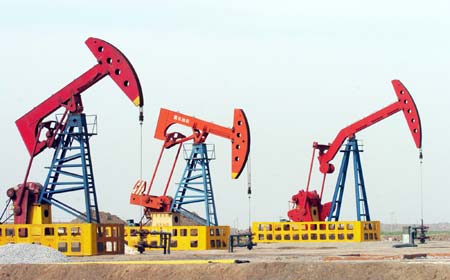 A general view shows the newly found Jidong Nanpu oilfield in Bohai Bay of north China's Hebei province May 10, 2007. China's newly found oilfield in Bohai Bay has a reserve of one billion tons, or about 7.35 billion barrels, the largest discovery in the country over four decades, announced the China National Petroleum Corporation, Xinhua News Agency reported. [Xinhua]