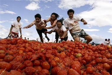 Participants jump into smashed tomatoes during the third annual tomato fight called 'tomatina' in Sutamarchan, 115 km, 71 miles northeast of Bogota, Sunday, June 10, 2007. 