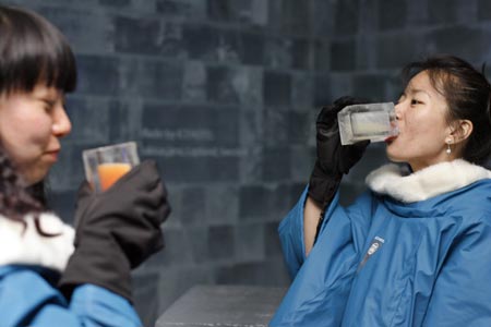 Customers drink cocktails at the Absolut Ice bar in Shanghai July 5, 2007. Workers carved out all the interior fittings, furniture and artworks of the Ice bar from a 40-ton ice block, which was transported to Shanghai from the Torne River in northern Sweden, according to local media. 