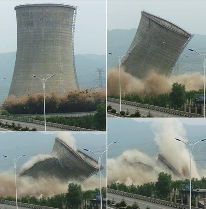 A combo picture shows a cooling tower at the HunJiang Power Generation Company is imploded in Baishan,Northeast China's Jilin Province, July 6, 2007. China pledged to cut greenhouse gas emissions as it unveiled its first climate change action plan in early June. China has closed down small thermal power plants with total power generating capacity of 5.5 million kilowatts by now, completing 55 percent of the country's goal for this year, Xinhua reported. 