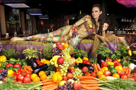 Body-painted model promotes vegetarian week