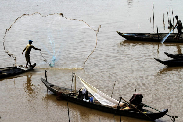 Fisherman casts net to catch fish