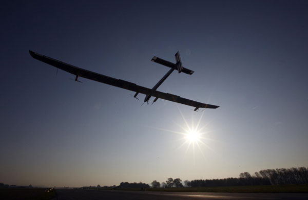 Solar-powered airplane test flight