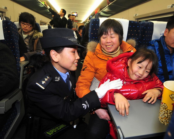 Policewomen serve on high-speed trains