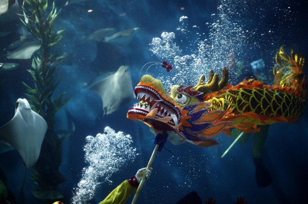 Divers perform dragon dance underwater