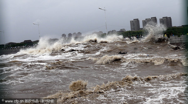 Typhoon waves crash over spectators in E China